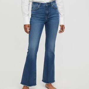 ZARA Flared High Rise Straight Leg Raw Hem Broken In Jean Zip 2 Dark Blue Wash